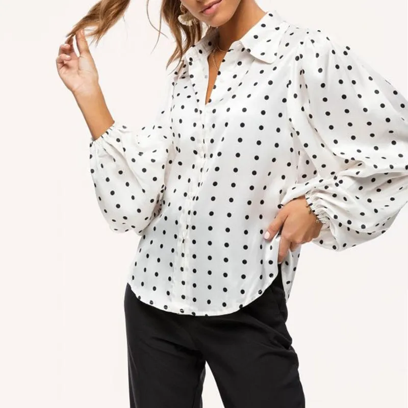 Graduation Gifts   New Office Lady White Blouse Shirt Women Polka Dot Lantern Sleeve Women Blouses Tops Plus Size Loose Female Shirt Blusas 12372