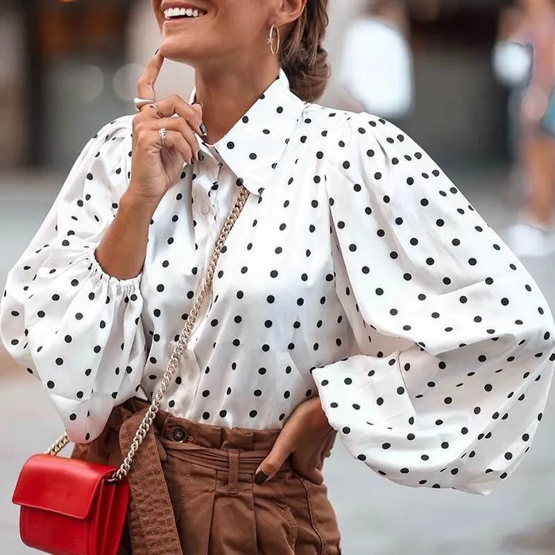 Graduation Gifts   New Office Lady White Blouse Shirt Women Polka Dot Lantern Sleeve Women Blouses Tops Plus Size Loose Female Shirt Blusas 12372