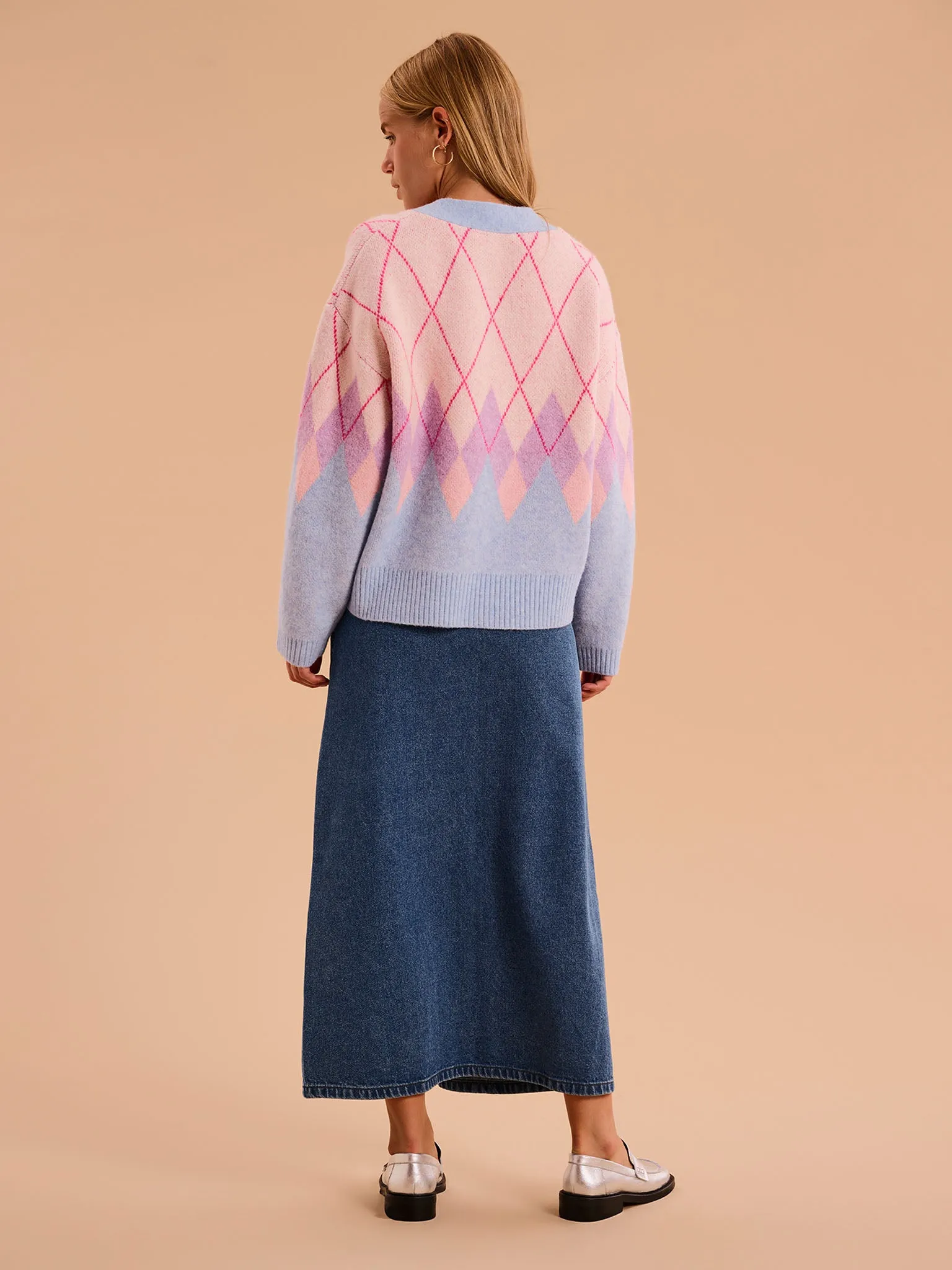 Henni Fluffy Argyle Cardigan in Cream
