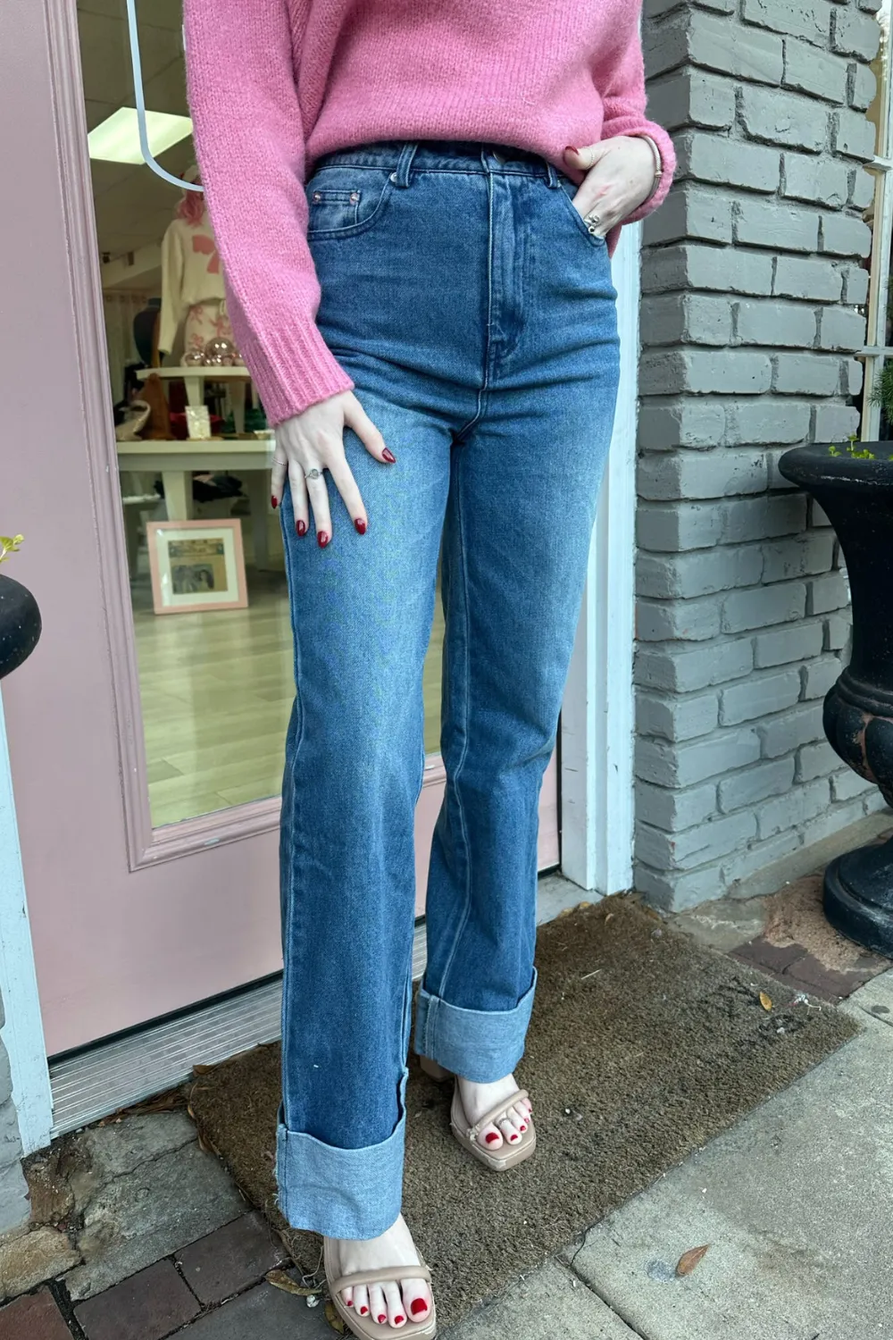 High Waist Cuffed Denim Pants