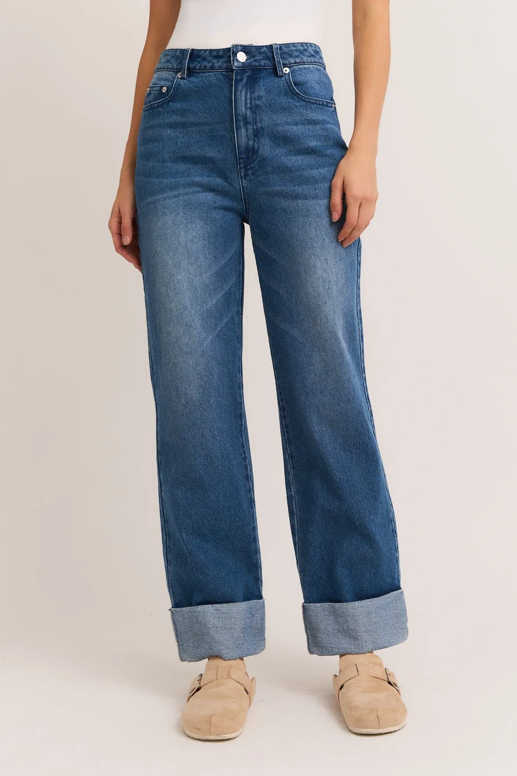 High Waist Cuffed Denim Pants