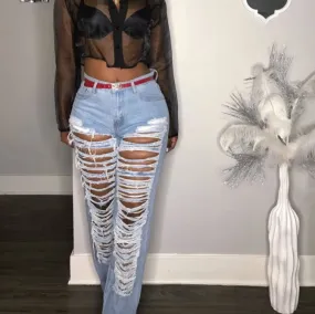High Waist Denim Ripped Zipper Casual Pants
