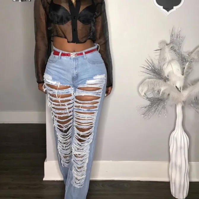 High Waist Denim Ripped Zipper Casual Pants