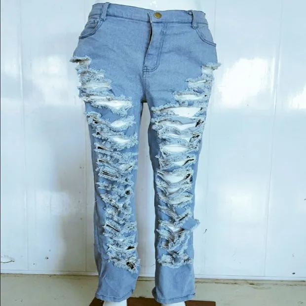 High Waist Denim Ripped Zipper Casual Pants