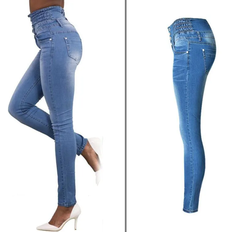High Waist Elastic Buttons Denim Blue Slim Pants