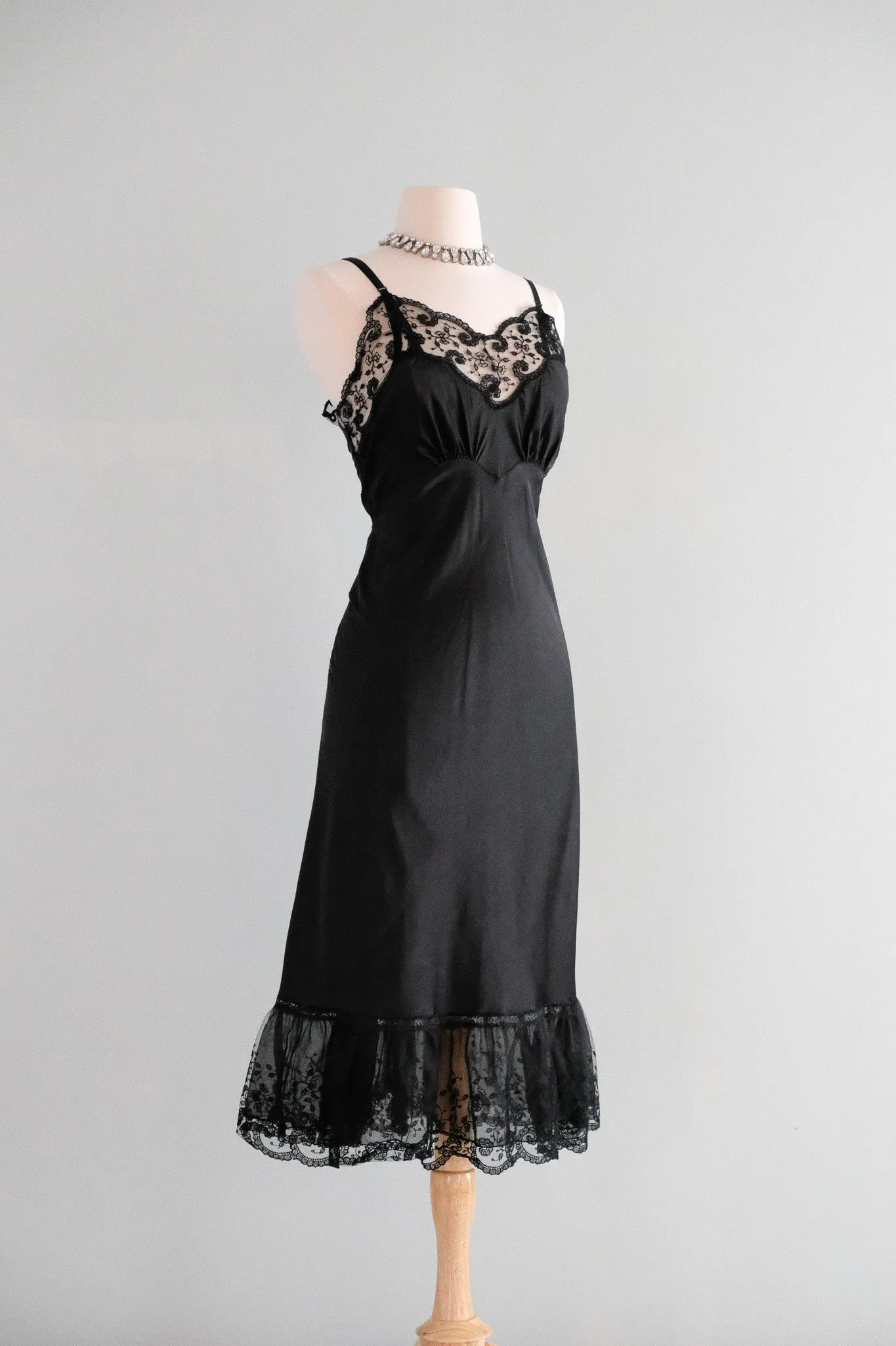 Incredible 1940's Black Sheer Lace Vintage Slip Dress / Sz M
