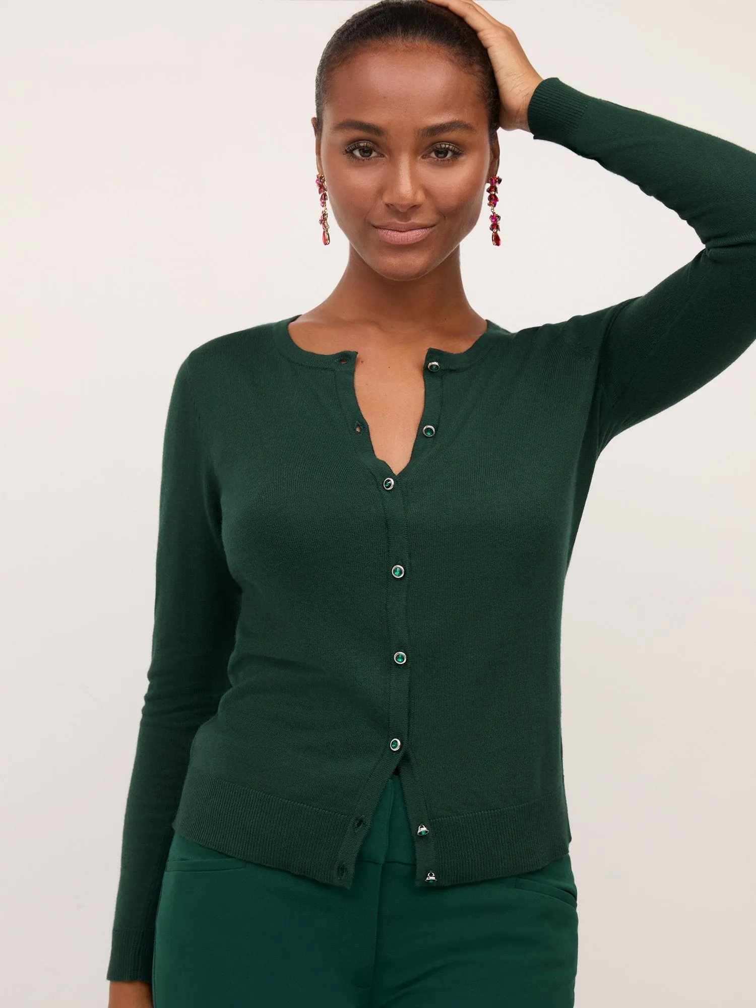 Jeweled-Button Chelsea Crewneck Cardigan
