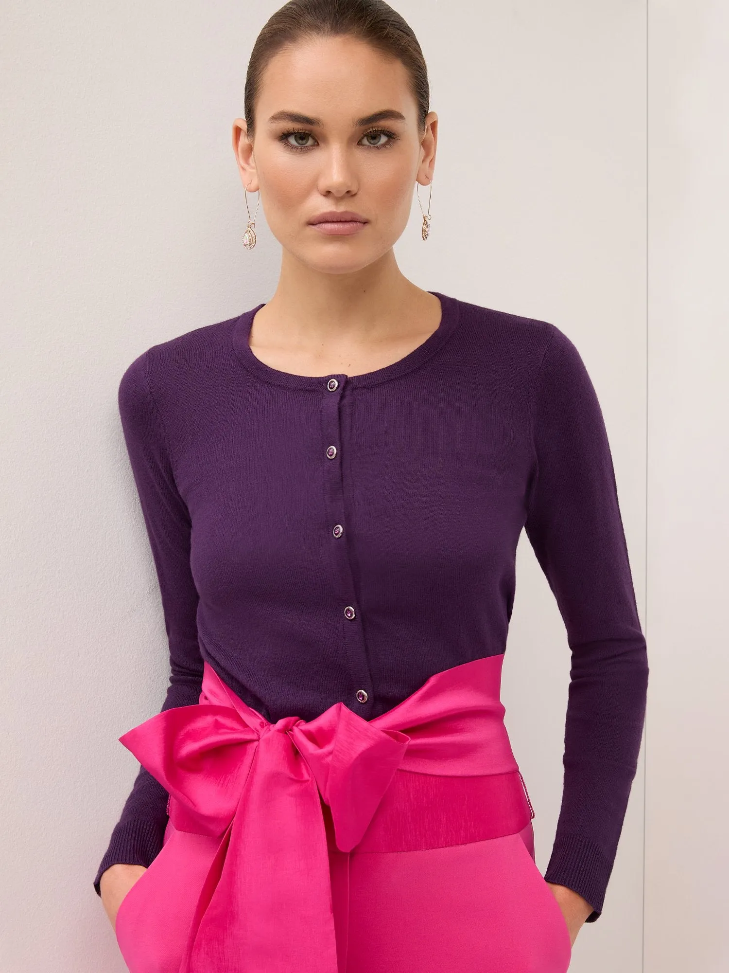 Jeweled-Button Chelsea Crewneck Cardigan