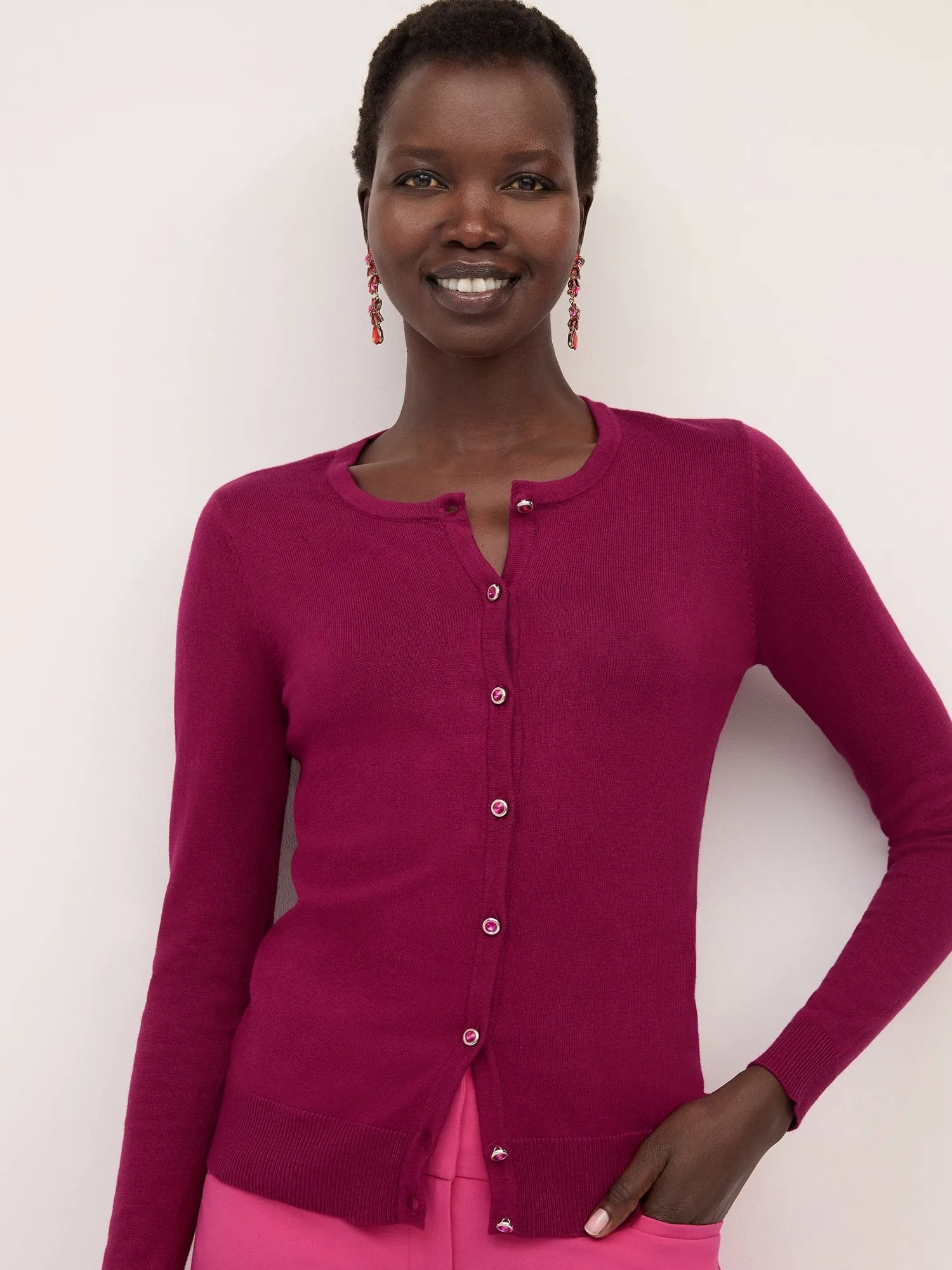Jeweled-Button Chelsea Crewneck Cardigan