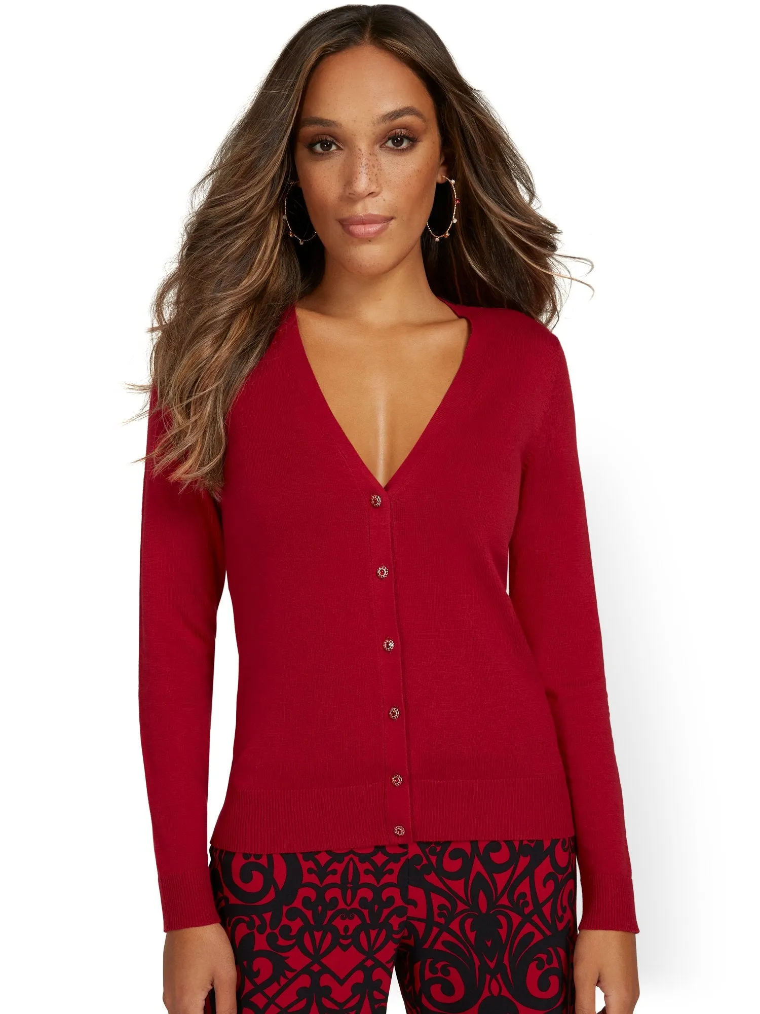 Jeweled-Button Chelsea V-Neck Cardigan