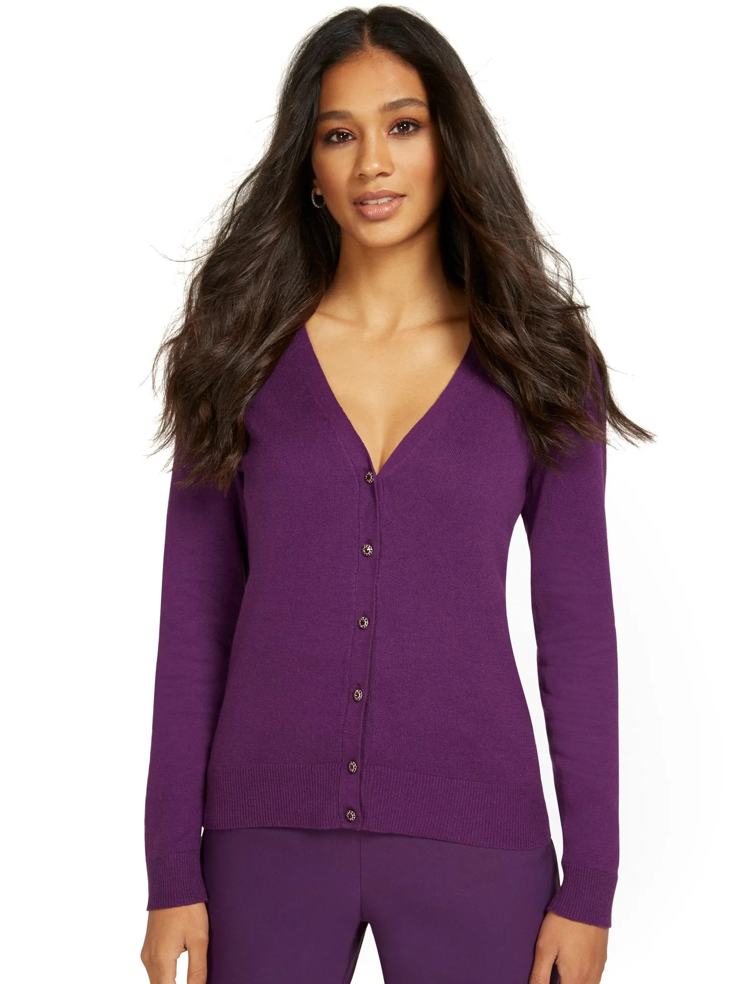 Jeweled-Button Chelsea V-Neck Cardigan