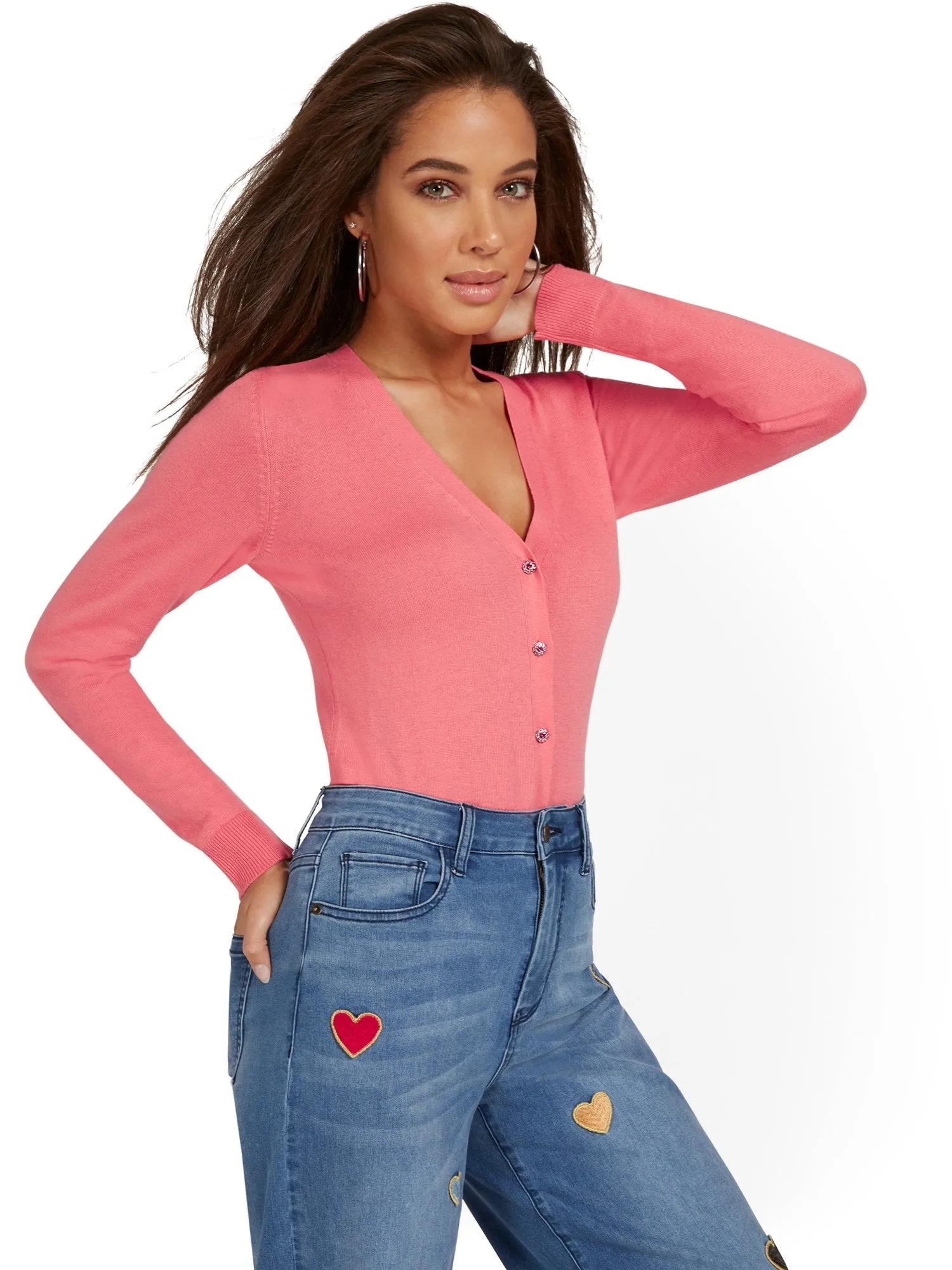 Jeweled-Button Chelsea V-Neck Cardigan