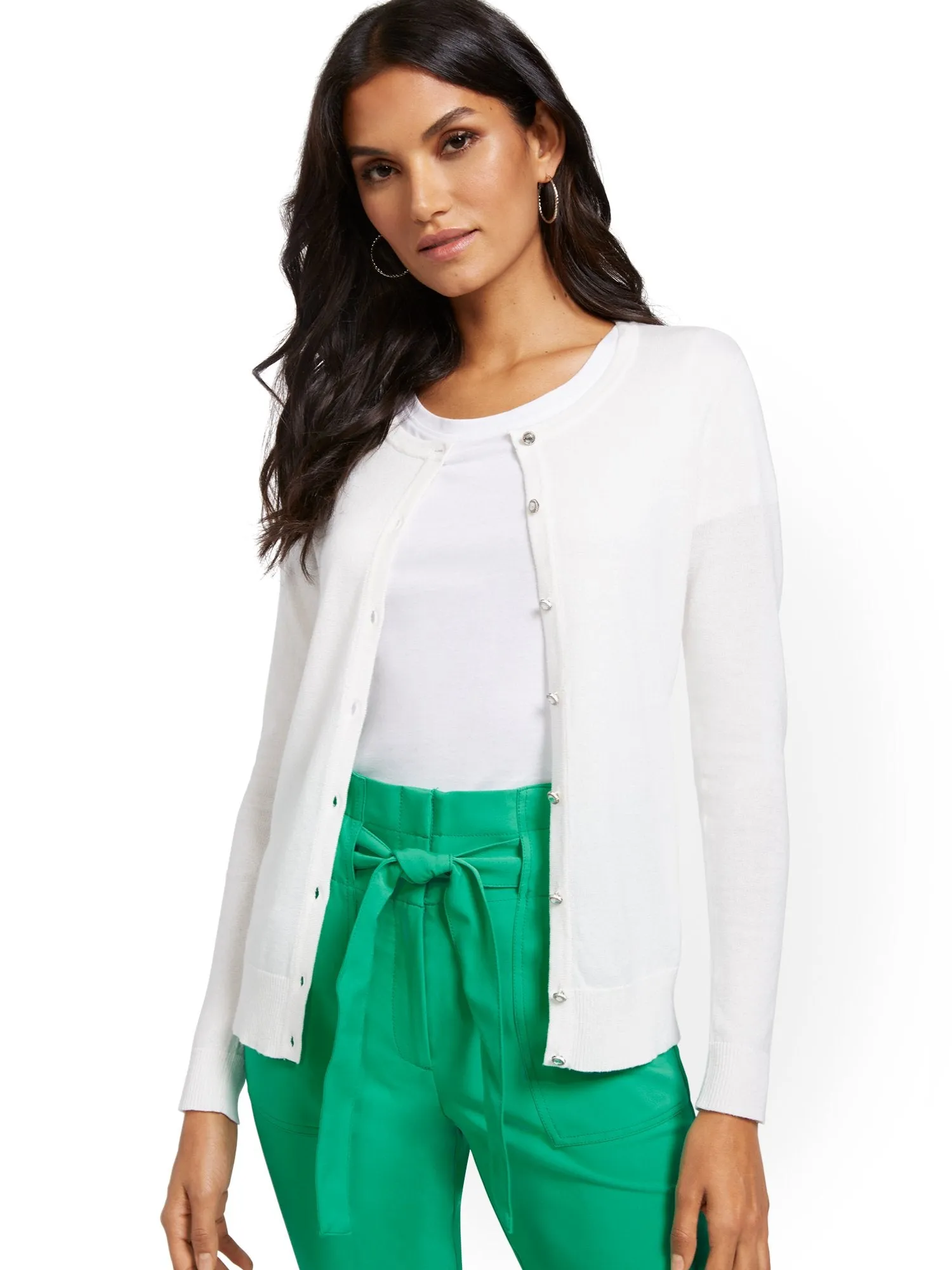 Jeweltone-Button Chelsea Crewneck Cardigan
