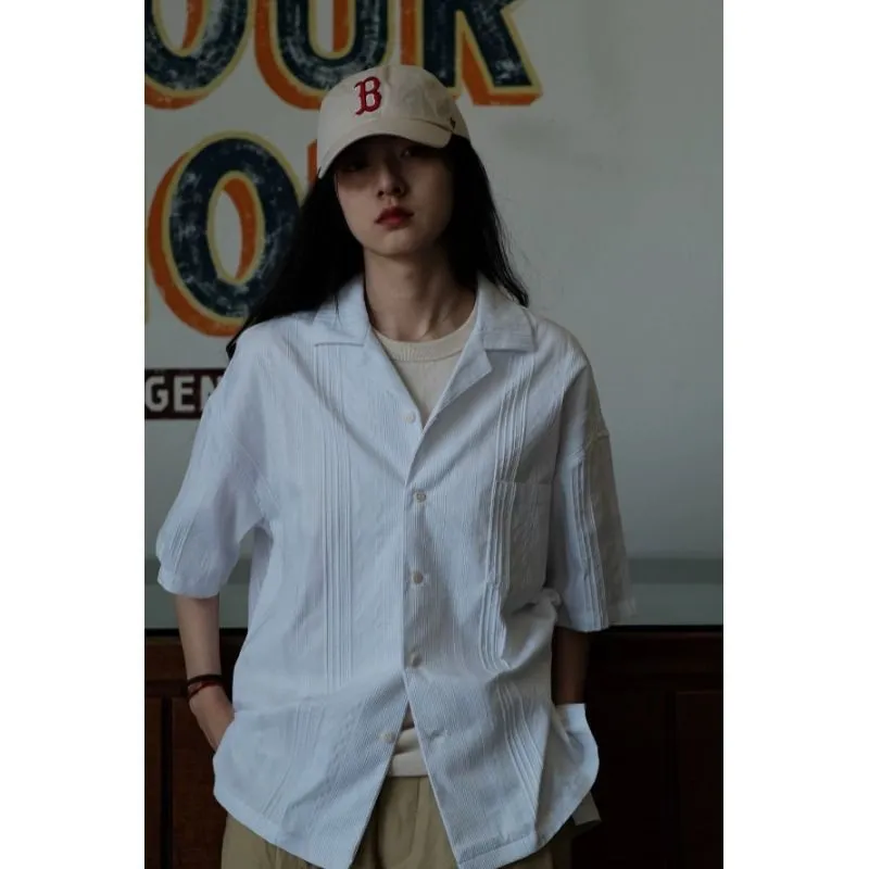 Jinquedai 90s fashion men Original Design Men's White Cuban Collar Shirt Men's Retro Casual Japanese Minimalist Cotton Dark Jacquard Shirt Fashion