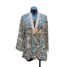 Johnny Was Womens Floral Kimono Blouse Beige Teal Small