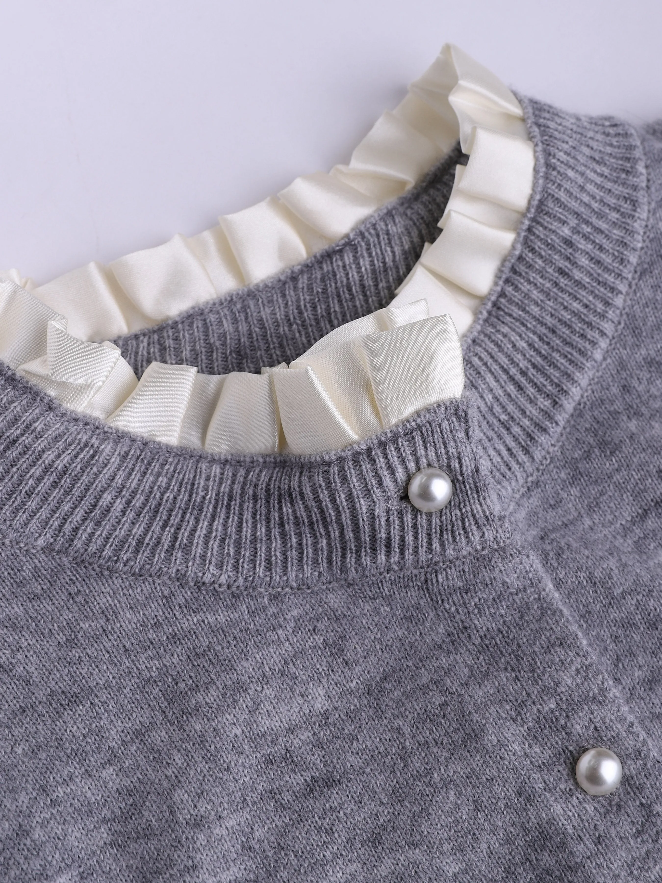 Knit Cardigan with Colorblock Ruffle Neck