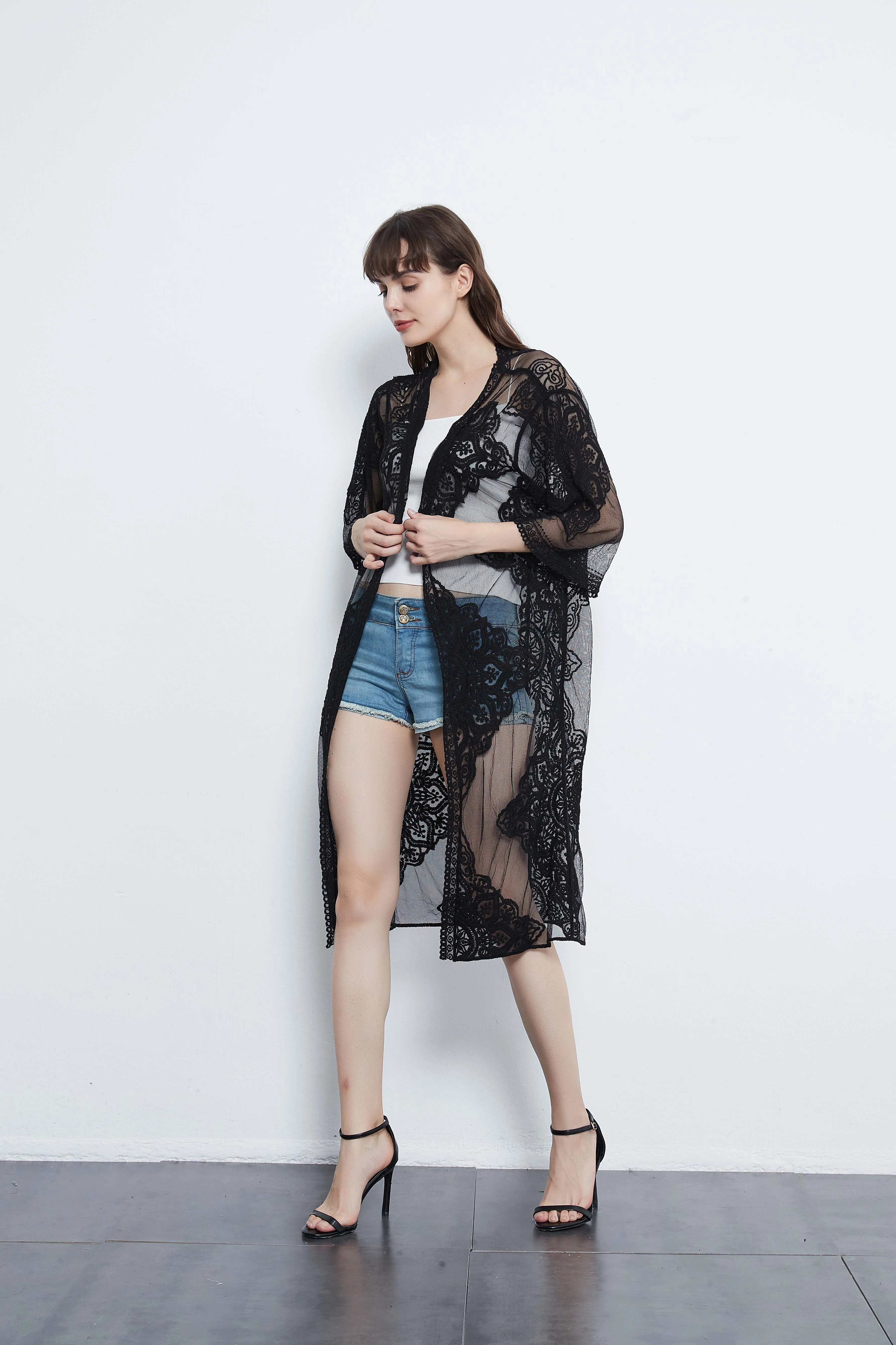 Lace Long Cardigan Floral Crochet Sheer Beach Cover Ups Long Open Kimono Lace Crochet Pool Swimwear