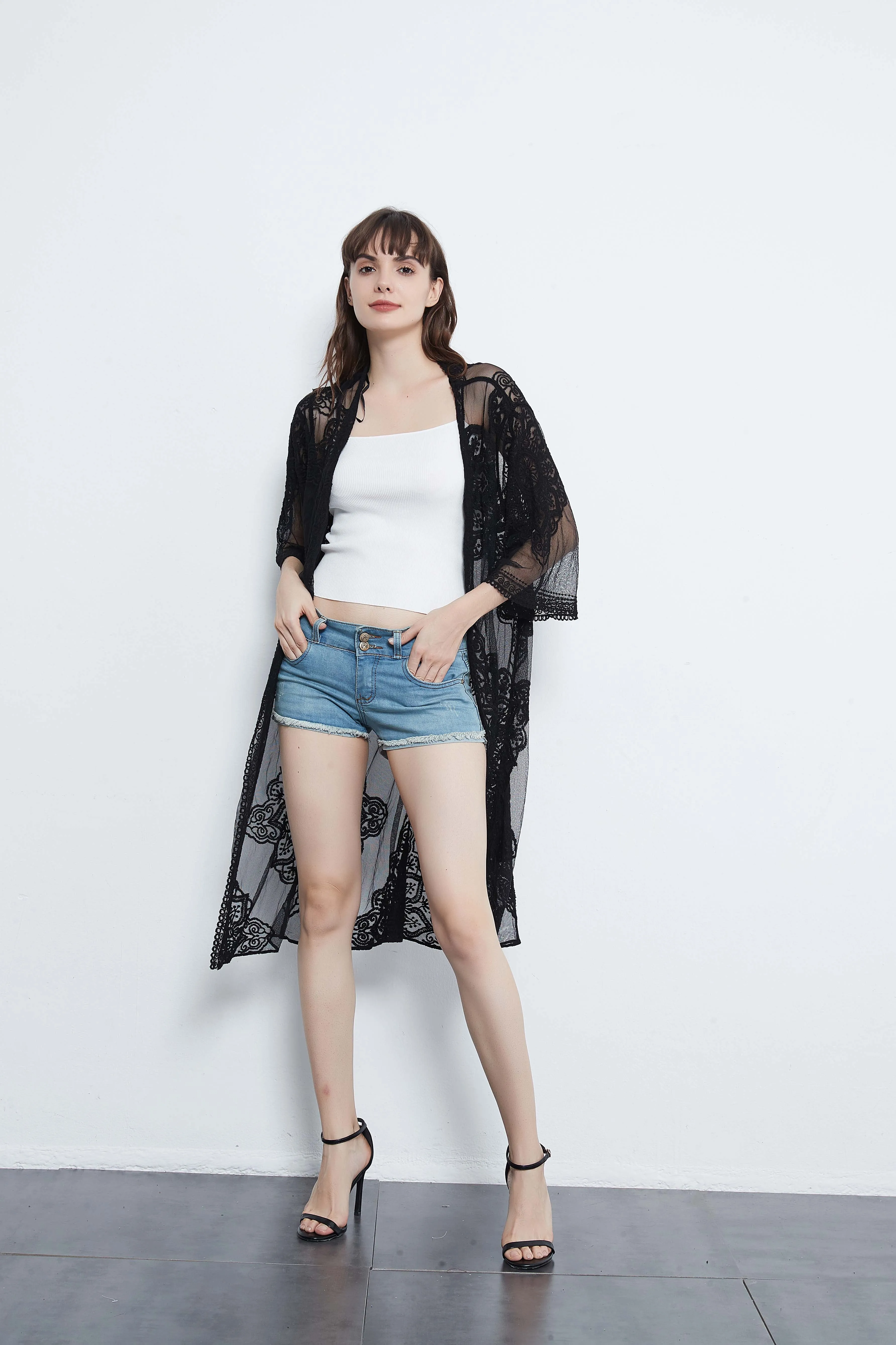 Lace Long Cardigan Floral Crochet Sheer Beach Cover Ups Long Open Kimono Lace Crochet Pool Swimwear