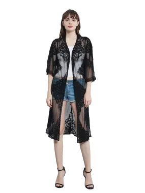 Lace Long Cardigan Floral Crochet Sheer Beach Cover Ups Long Open Kimono Lace Crochet Pool Swimwear