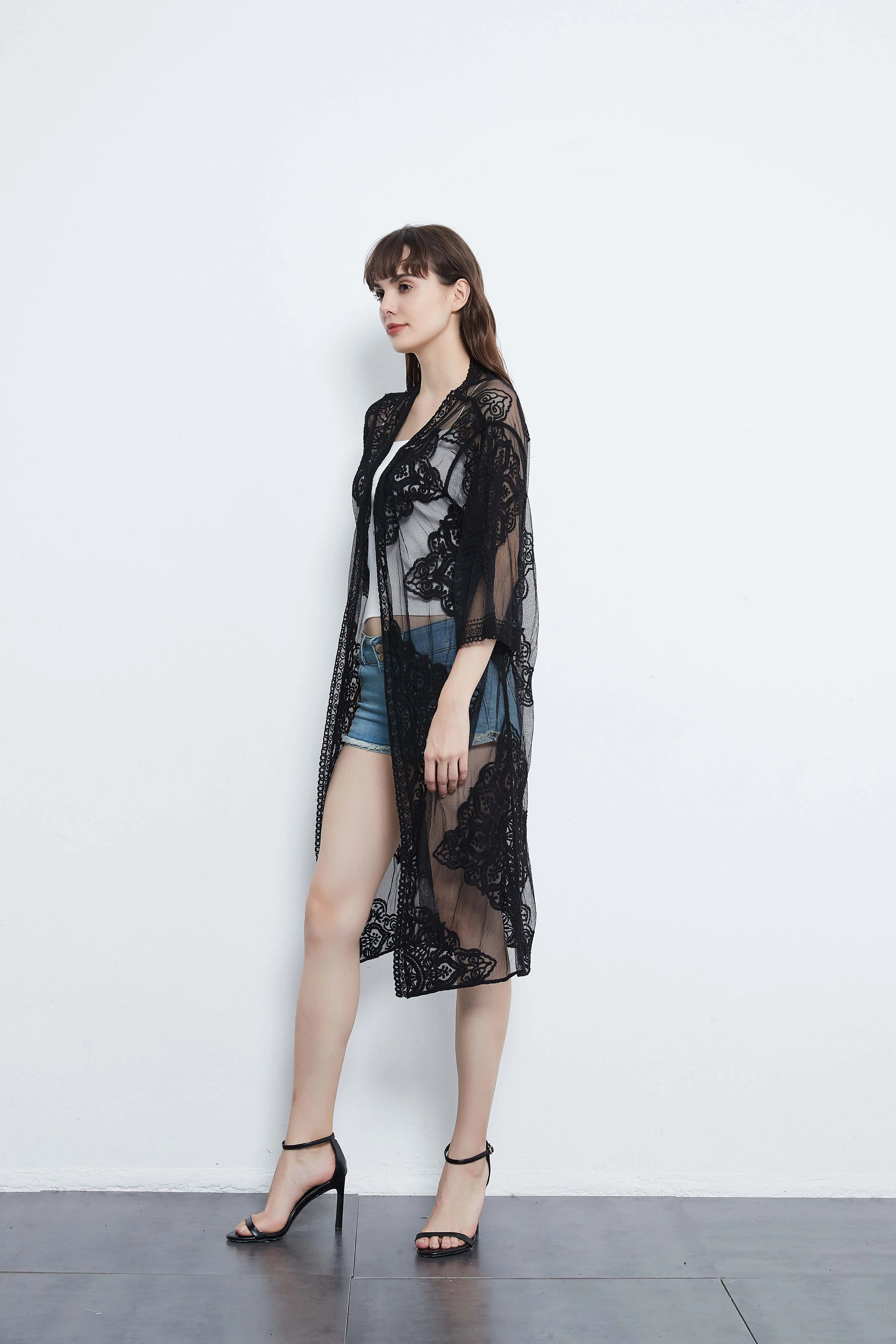 Lace Long Cardigan Floral Crochet Sheer Beach Cover Ups Long Open Kimono Lace Crochet Pool Swimwear