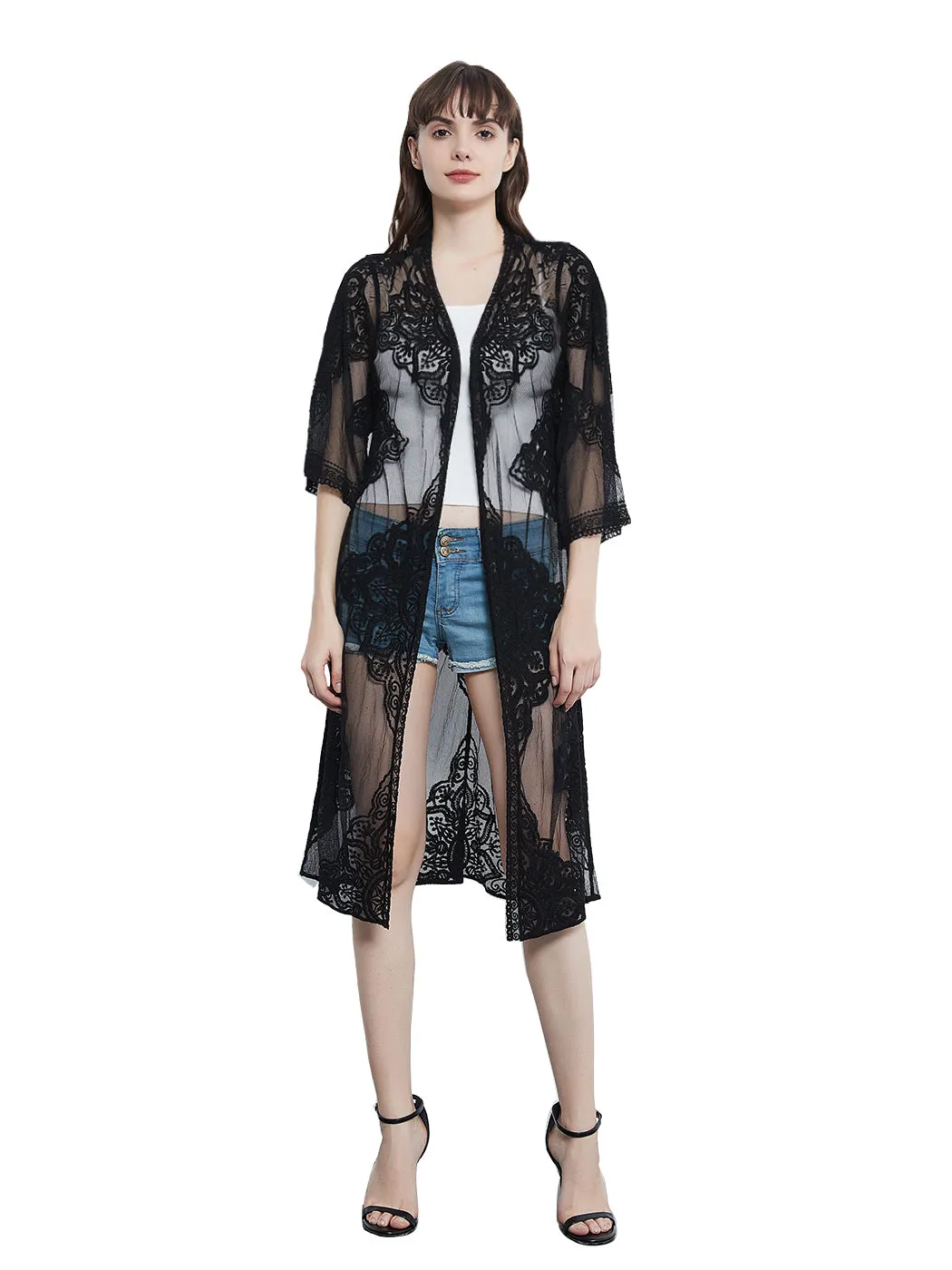 Lace Long Cardigan Floral Crochet Sheer Beach Cover Ups Long Open Kimono Lace Crochet Pool Swimwear