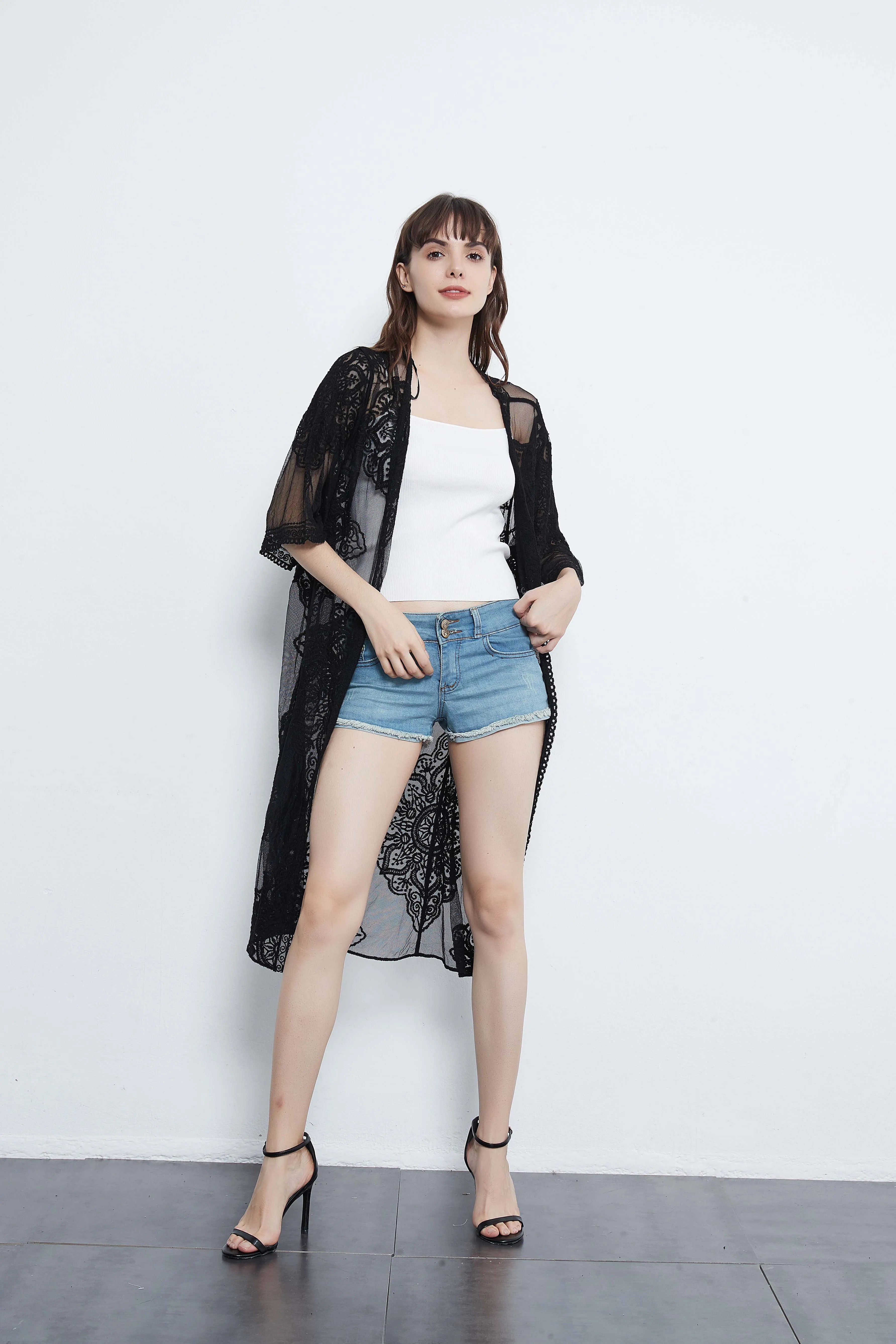 Lace Long Cardigan Floral Crochet Sheer Beach Cover Ups Long Open Kimono Lace Crochet Pool Swimwear