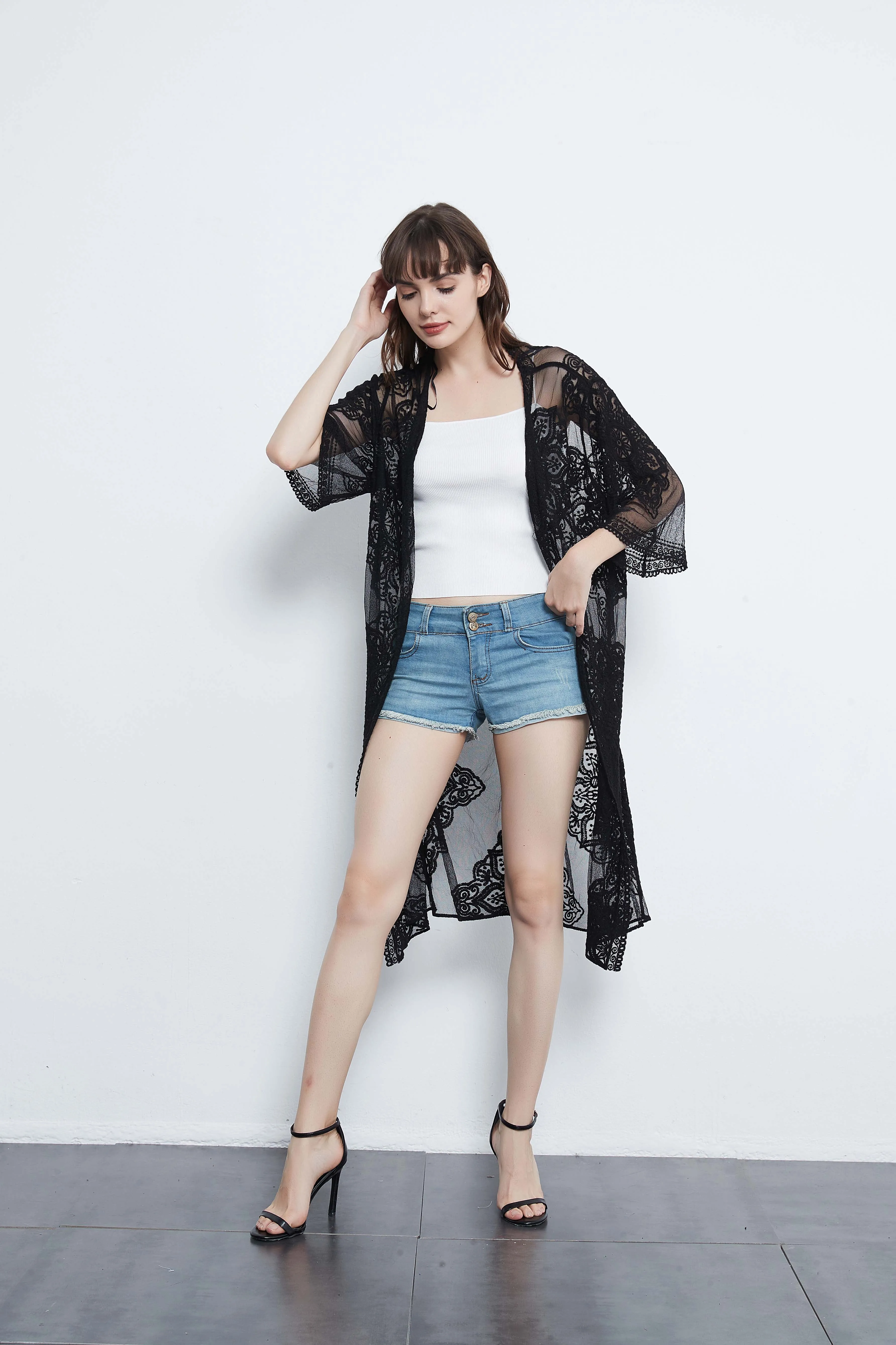 Lace Long Cardigan Floral Crochet Sheer Beach Cover Ups Long Open Kimono Lace Crochet Pool Swimwear