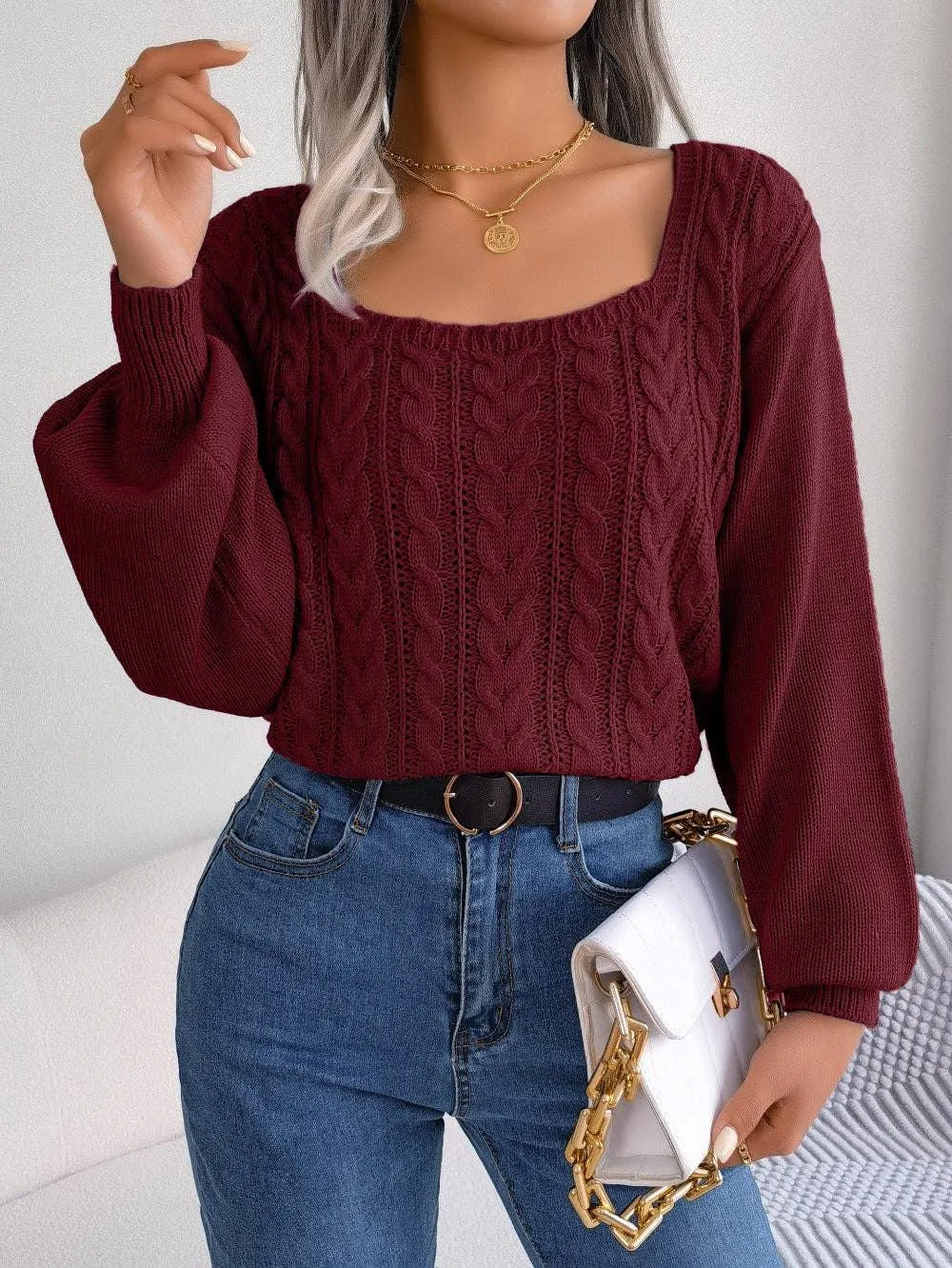 Ladies Solid Long Sleeves Square Collar Top 2118