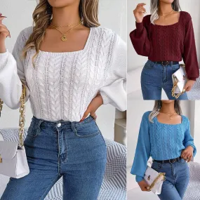 Ladies Solid Long Sleeves Square Collar Top 2118