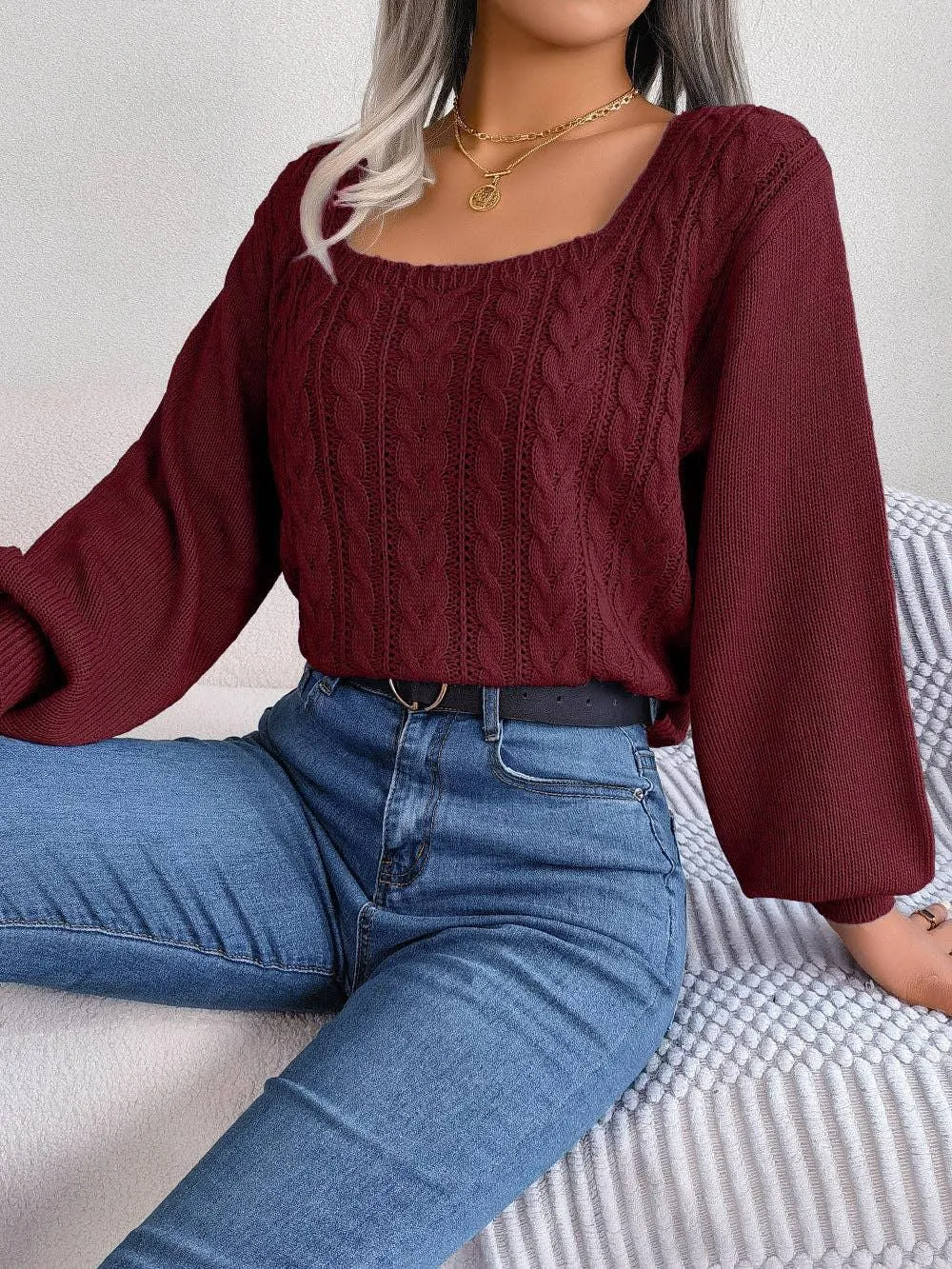 Ladies Solid Long Sleeves Square Collar Top 2118
