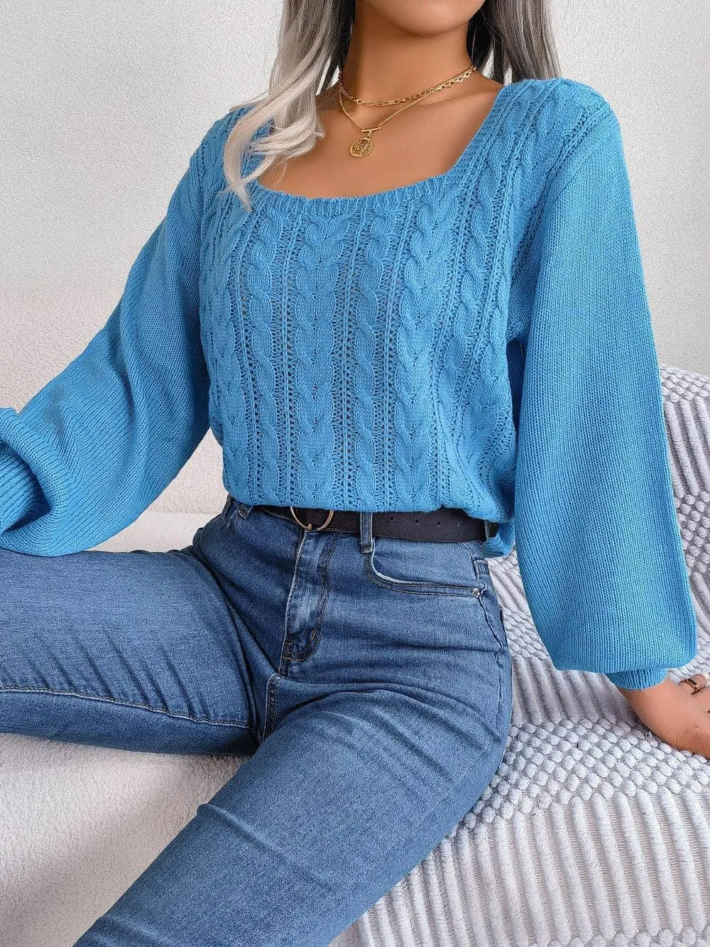 Ladies Solid Long Sleeves Square Collar Top 2118