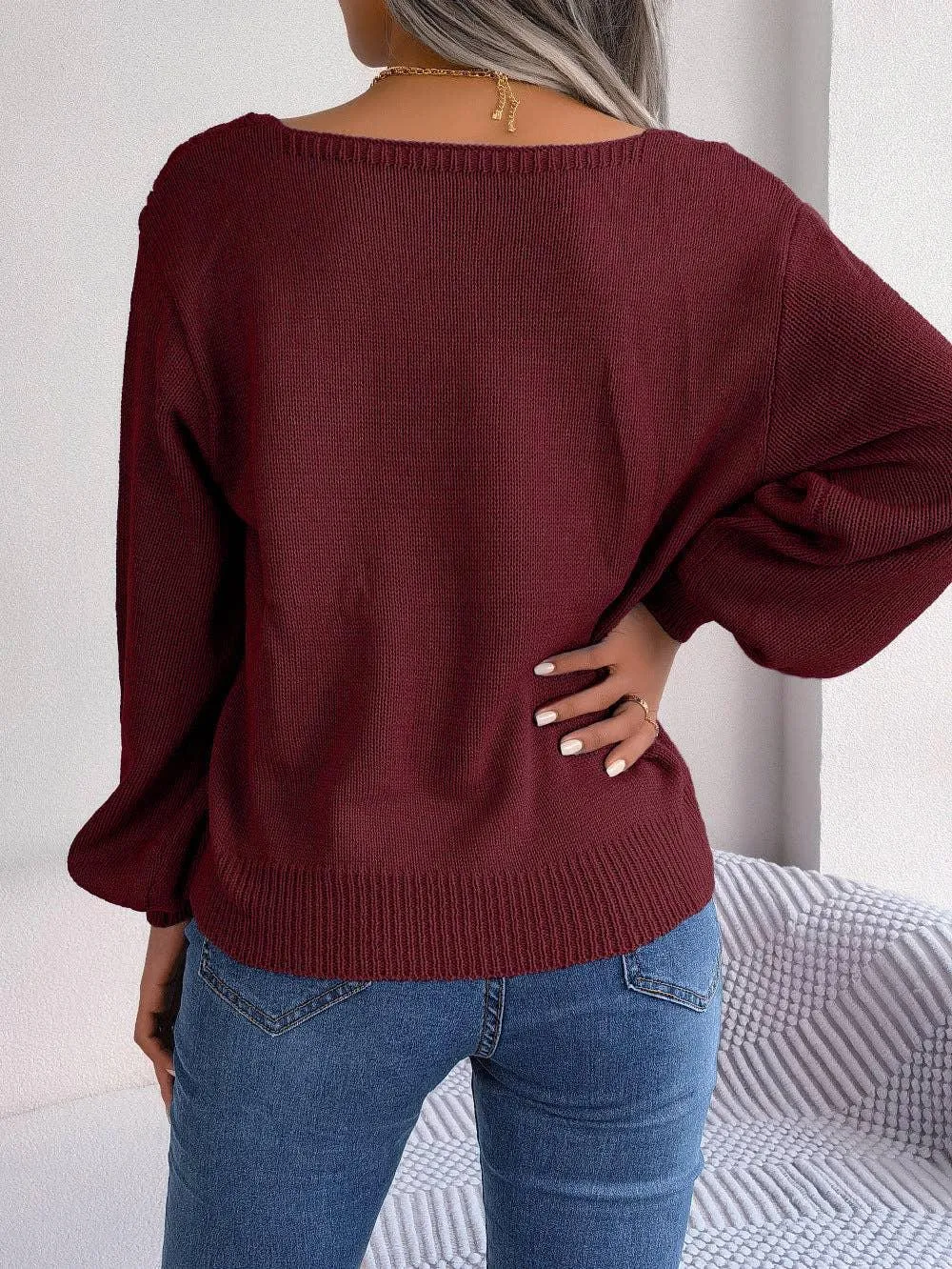 Ladies Solid Long Sleeves Square Collar Top 2118