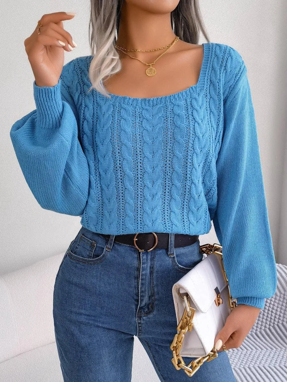 Ladies Solid Long Sleeves Square Collar Top 2118
