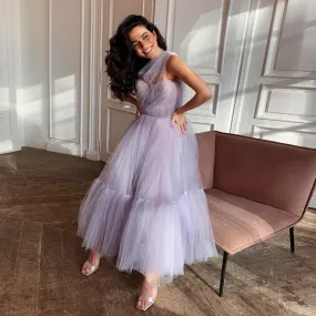 Lilac Tulle One Shoulder Tea Length Evening Dress SF005