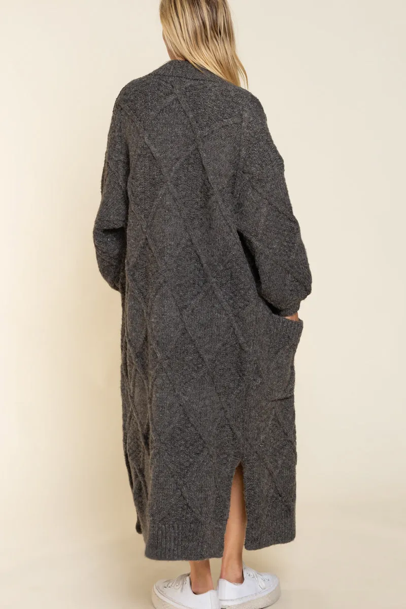 Long Cardigan Sweater With Open Front - Charcoal
