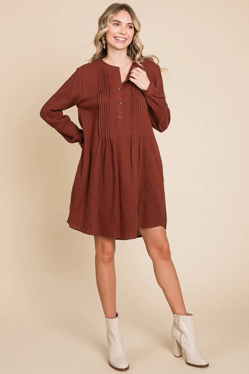 Long Sleeve Double Gauze Henley Tunic Cotton Dress