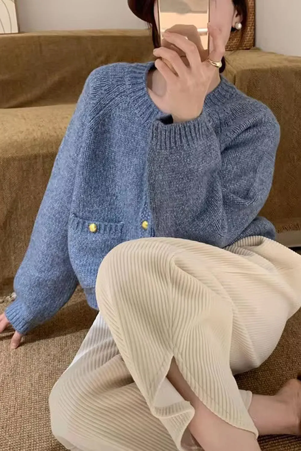 Long Sleeve Round Neck Slim Cardigan Sweater