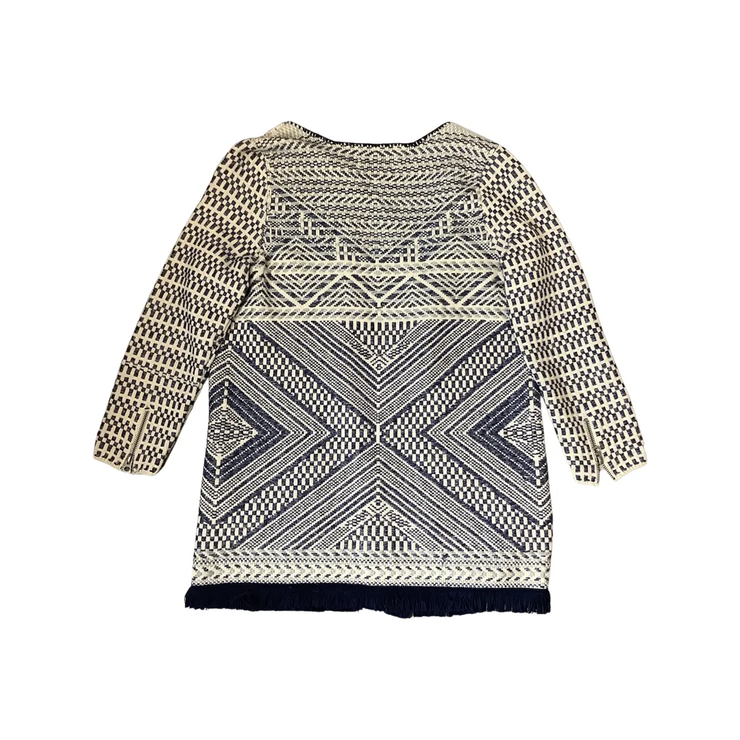 Lucky Brand Blue Cream Fringed Cardigan Size M