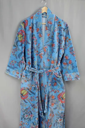 Luxury Blue Floral Velvet Kimono Boho Robe With Lining.