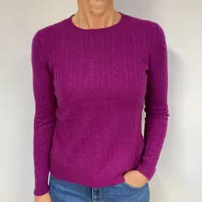 Magenta Pink Cable Cashmere Crew Neck Jumper Medium