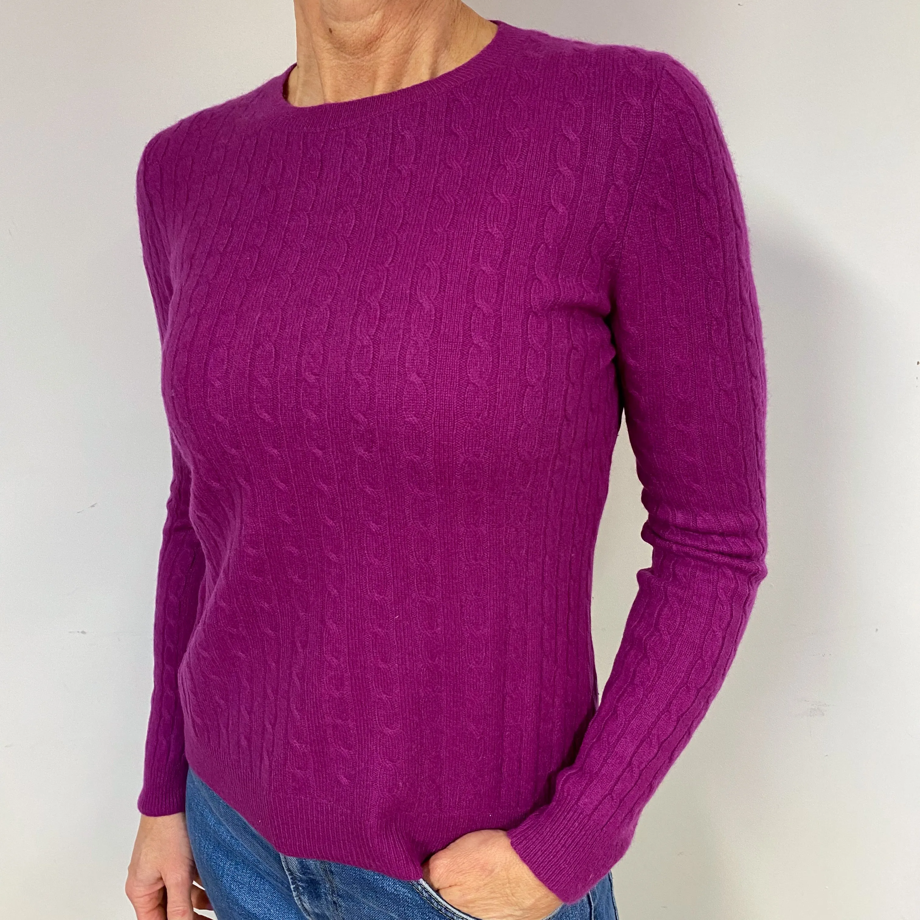 Magenta Pink Cable Cashmere Crew Neck Jumper Medium