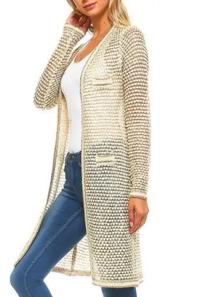 Mallory Metallic Long Body Cardigan in Ivory & Gold