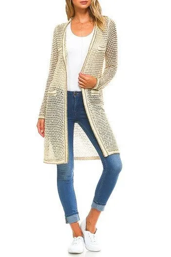 Mallory Metallic Long Body Cardigan in Ivory & Gold