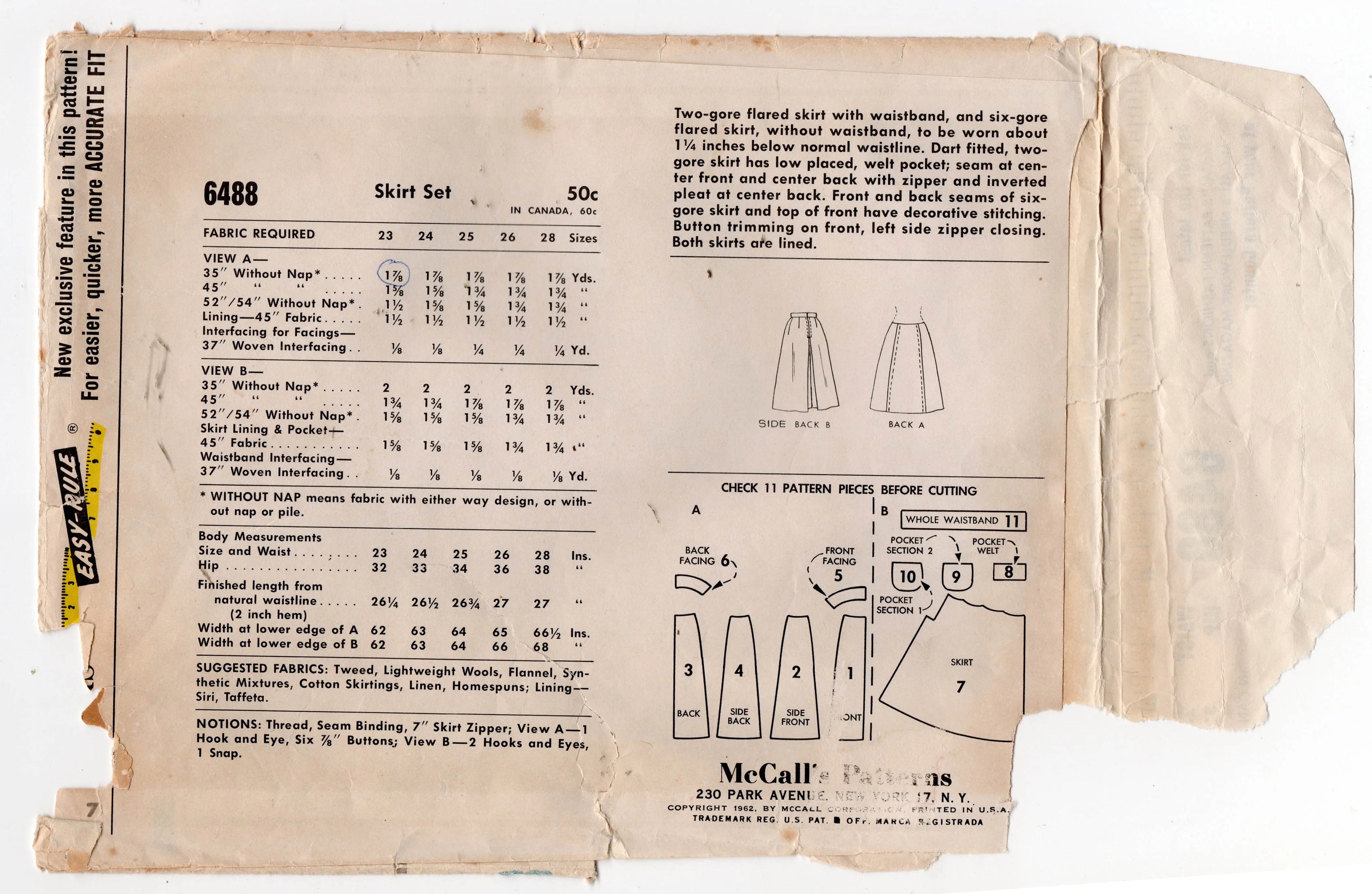 McCall's 6488 Womens or Teens Flared Skirts 1960s Vintage Sewing Pattern Waist 23 inches