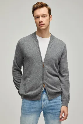 Medium Gray Melange Pure Cashmere Men's Bomber Cardigan