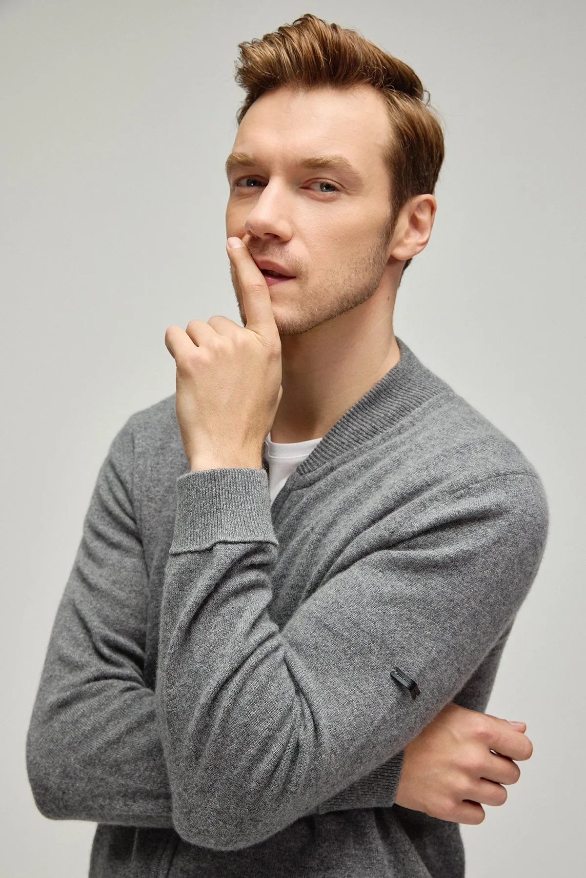 Medium Gray Melange Pure Cashmere Men's Bomber Cardigan