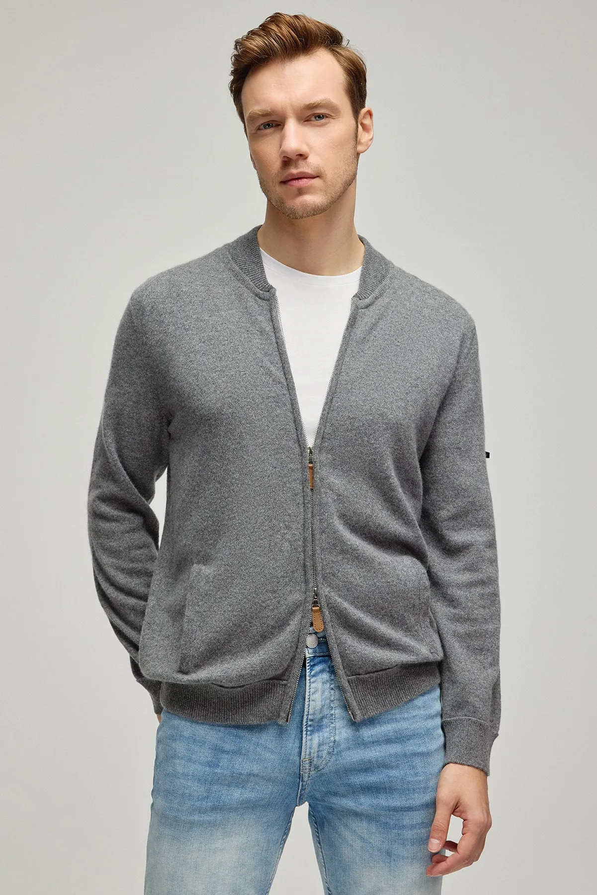 Medium Gray Melange Pure Cashmere Men's Bomber Cardigan
