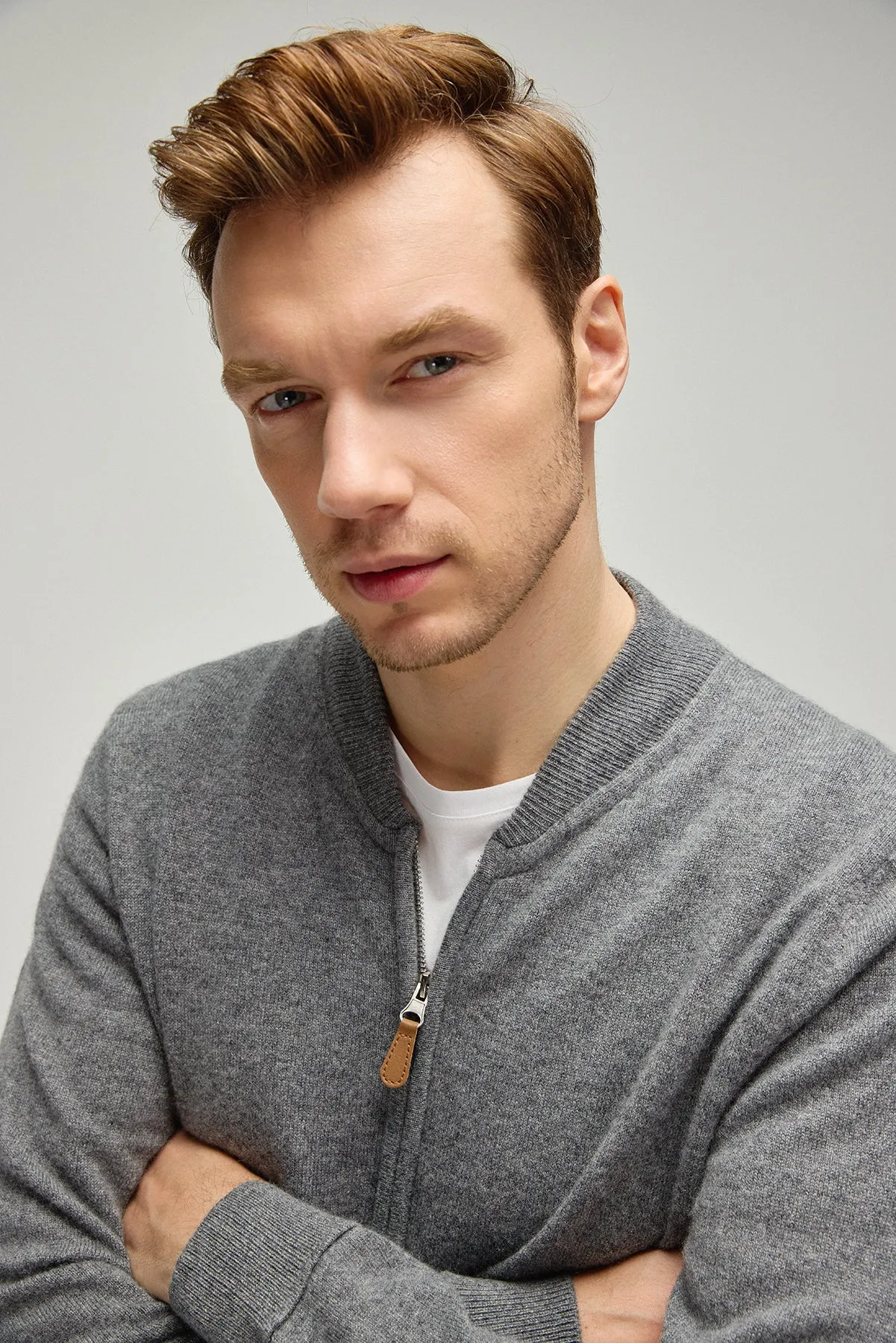 Medium Gray Melange Pure Cashmere Men's Bomber Cardigan