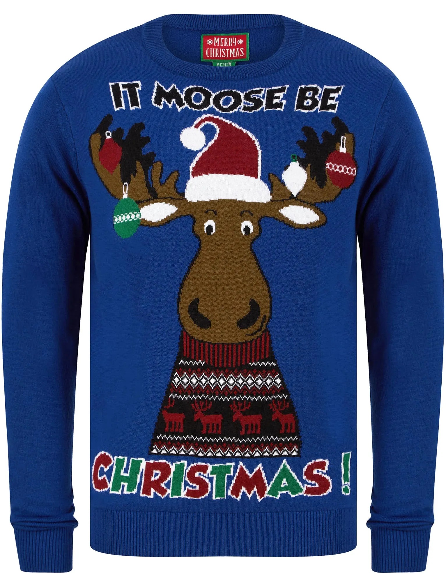 Men's Christmoose Novelty Christmas Jumper in Sapphire Blue - Merry Christmas