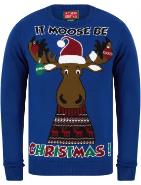 Men's Christmoose Novelty Christmas Jumper in Sapphire Blue - Merry Christmas